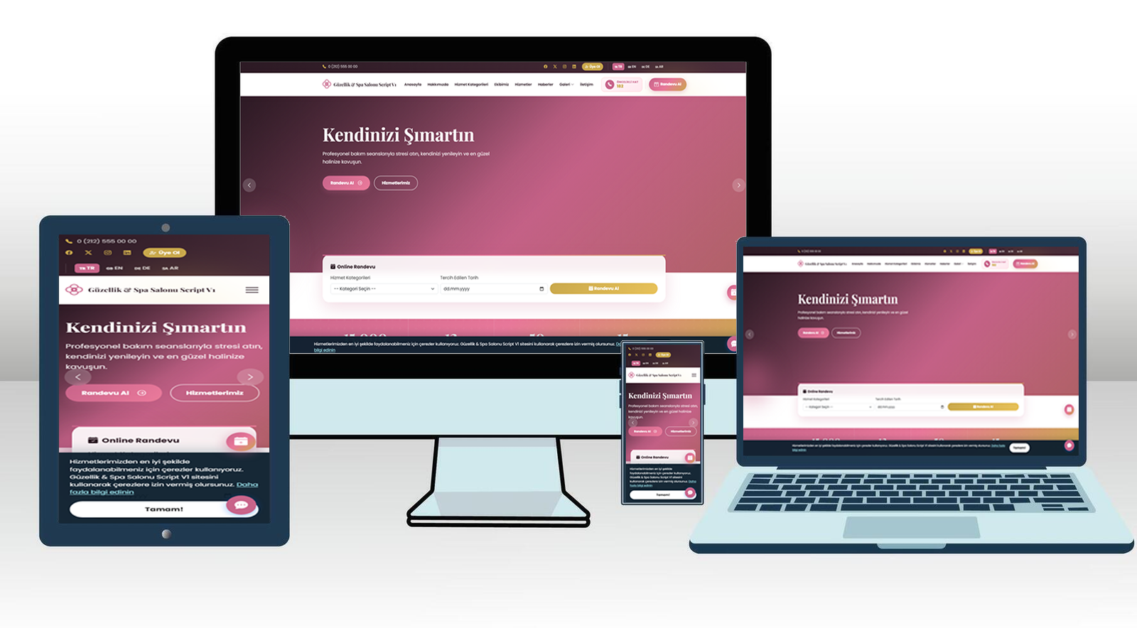 Kuaför ve Güzellik Merkezi Web Sitesi Scripti | Yeni Dil Sistemli, Online Randevu, Üye Kayıt, Video Galeri